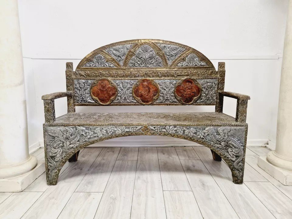 Antique Spanish Sofa In Embossed Metal And Brass