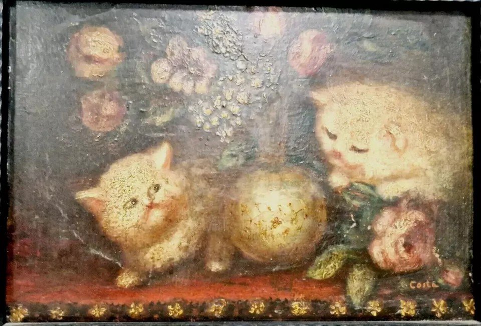 19th Century Oil Painting Kittens Signed Costa-photo-2