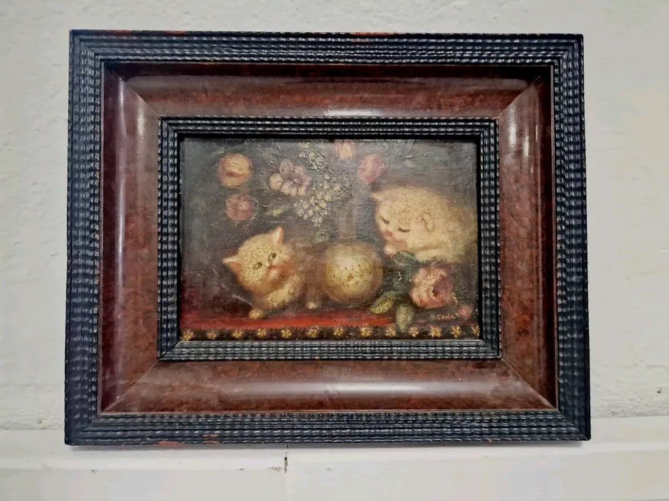 19th Century Oil Painting Kittens Signed Costa-photo-3