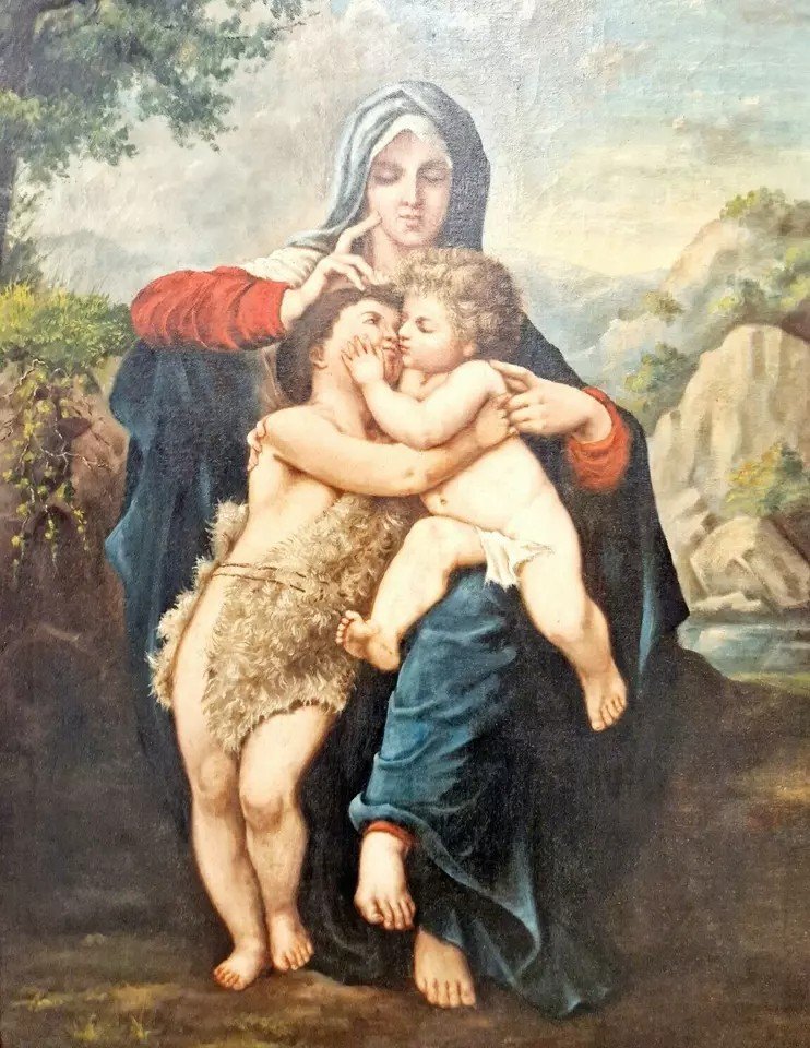 Peinture à l'Huile Du XIXe Siècle Représentant Marie, l'Enfant Et Jean-baptiste-photo-2