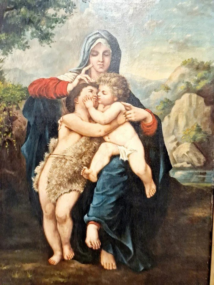 Peinture à l'Huile Du XIXe Siècle Représentant Marie, l'Enfant Et Jean-baptiste-photo-3