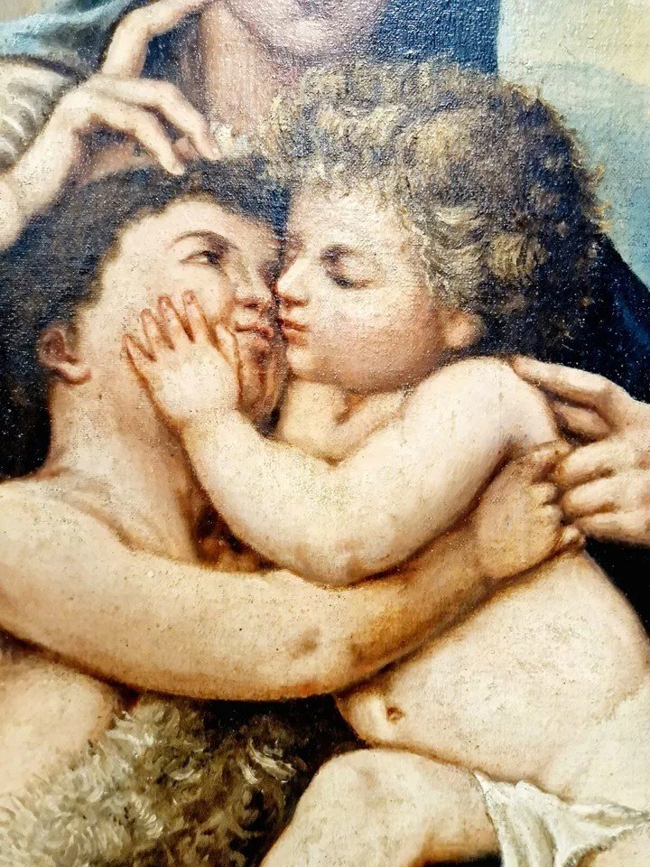 Peinture à l'Huile Du XIXe Siècle Représentant Marie, l'Enfant Et Jean-baptiste-photo-4