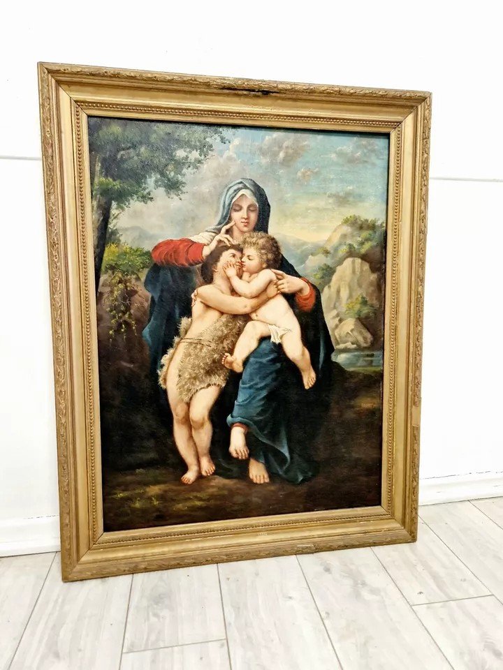 Peinture à l'Huile Du XIXe Siècle Représentant Marie, l'Enfant Et Jean-baptiste-photo-6