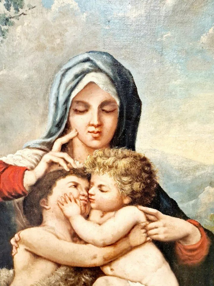 Peinture à l'Huile Du XIXe Siècle Représentant Marie, l'Enfant Et Jean-baptiste-photo-7