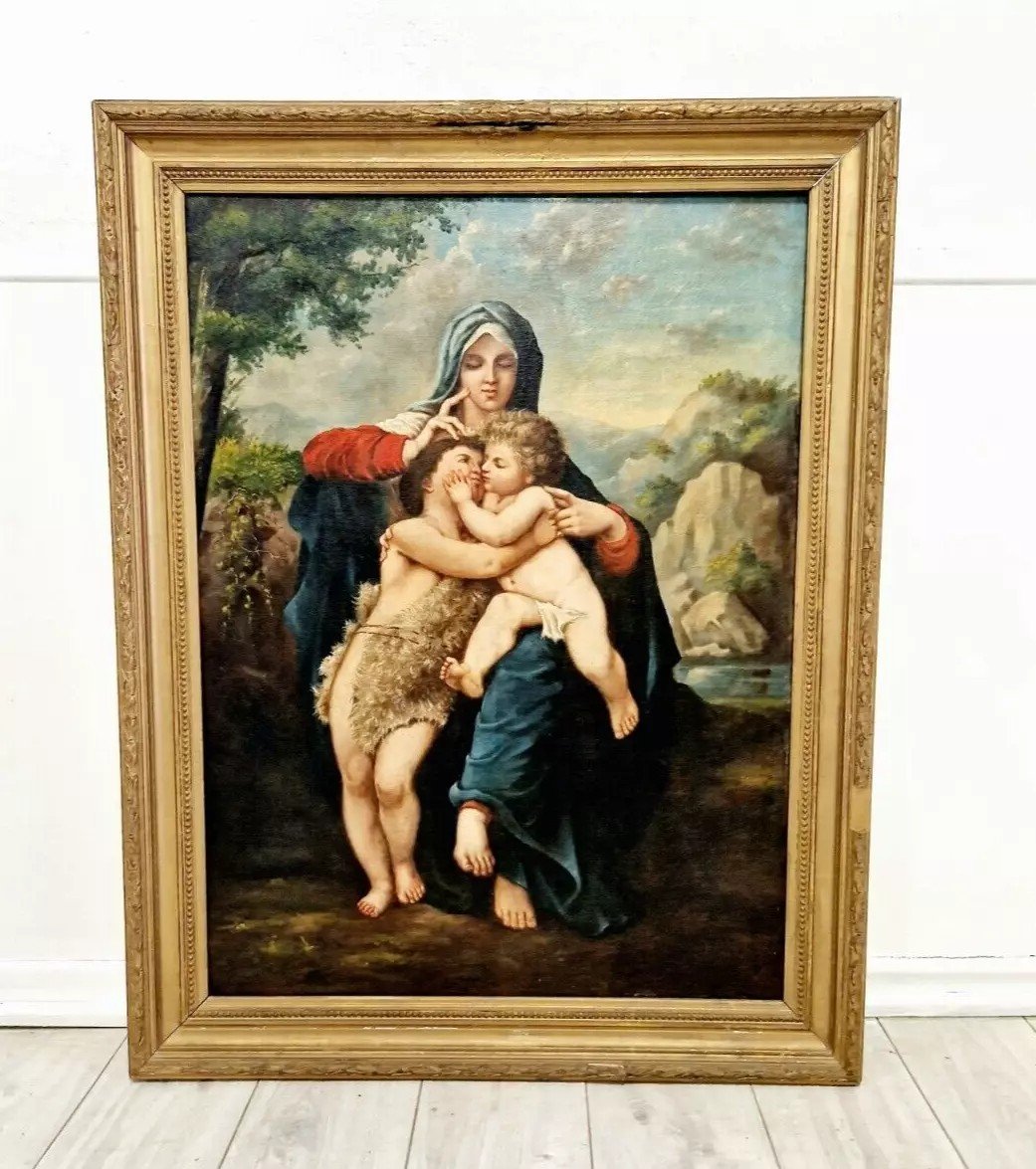 Peinture à l'Huile Du XIXe Siècle Représentant Marie, l'Enfant Et Jean-baptiste