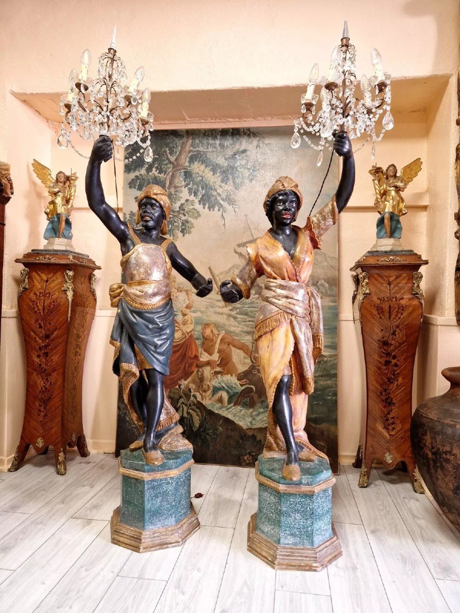 Paire De Lampadaires Maures En Bois Polychrome Italien-photo-5