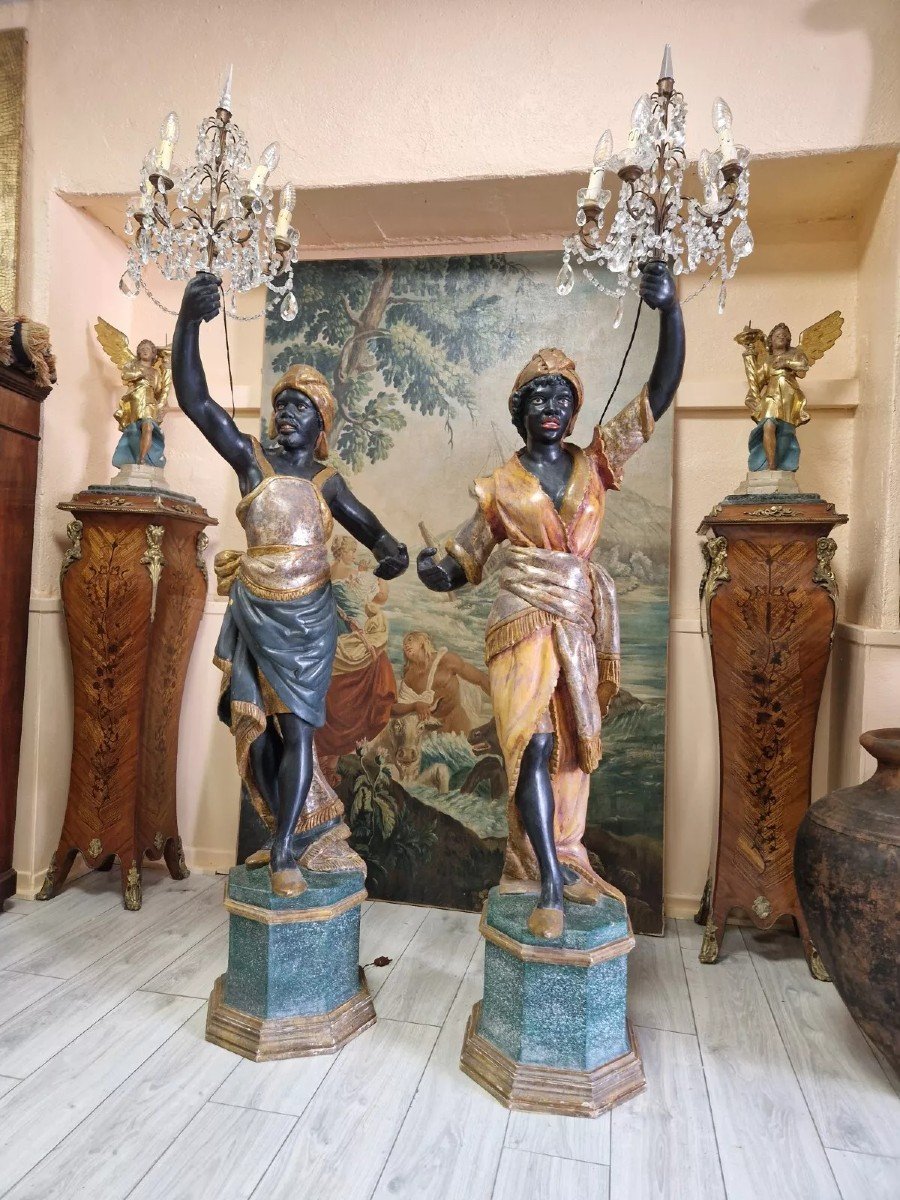 Paire De Lampadaires Maures En Bois Polychrome Italien-photo-6