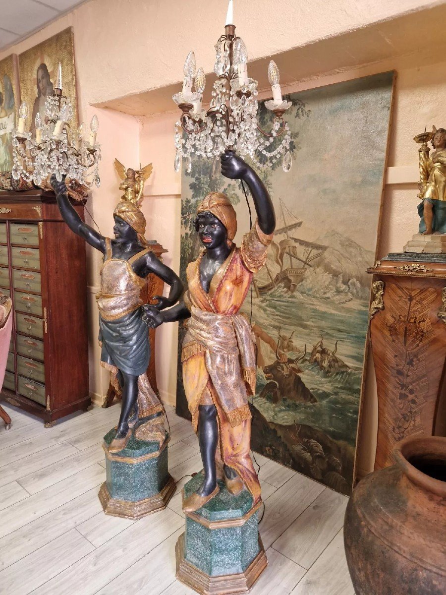 Paire De Lampadaires Maures En Bois Polychrome Italien-photo-7