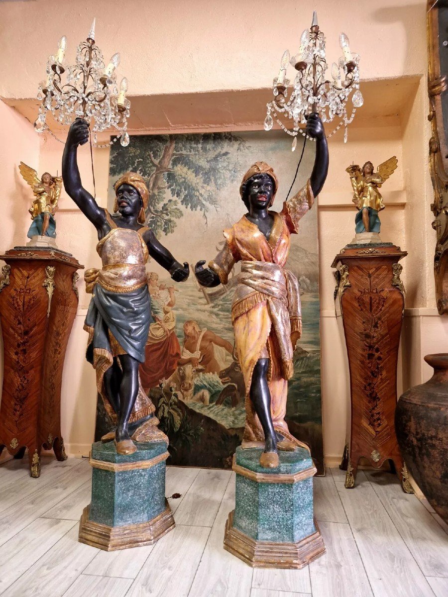 Pair Of Moorish Floor Lamps In Italian Polychrome Wood