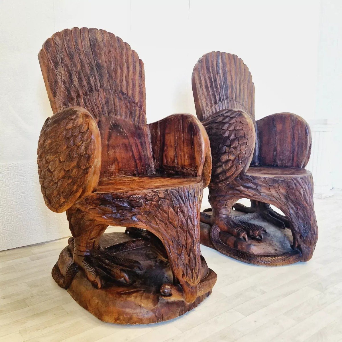 Pair Of American Eagle Armchairs In Carved Solid Wood -photo-2