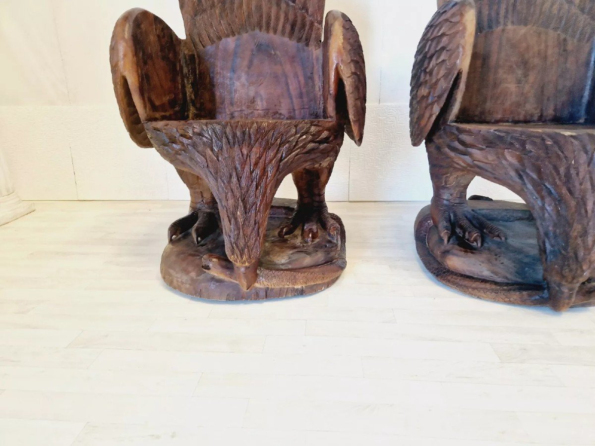 Paire De Fauteuils Aigle Américain En Bois Massif Sculpté -photo-5