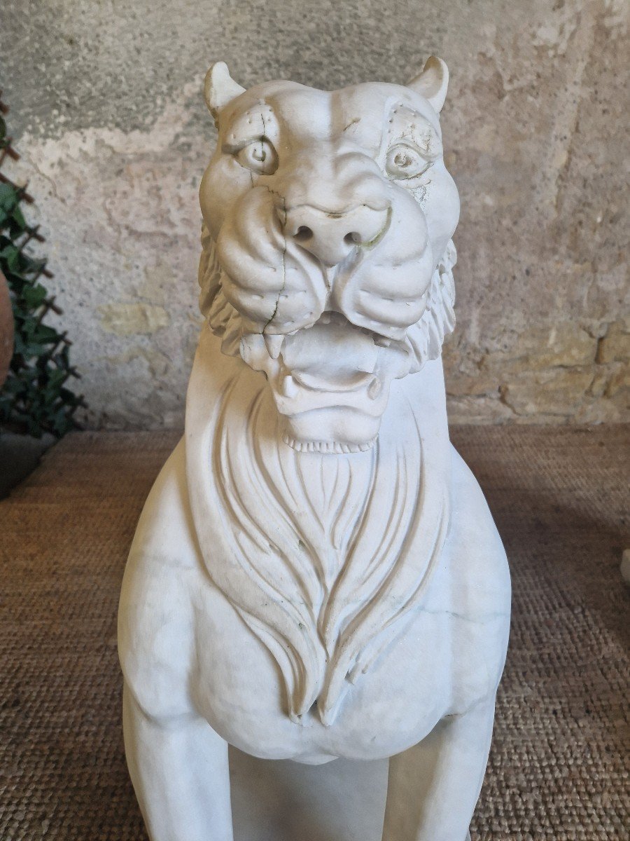 Paire De Statues De Lion En Marbre Antiques **très Lourdes**-photo-3