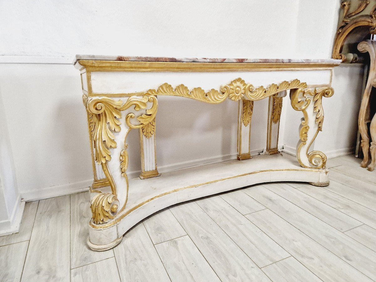  Immense Table Console Baroque Du 19ème Siècle Avec Plateau En Marbre-photo-2