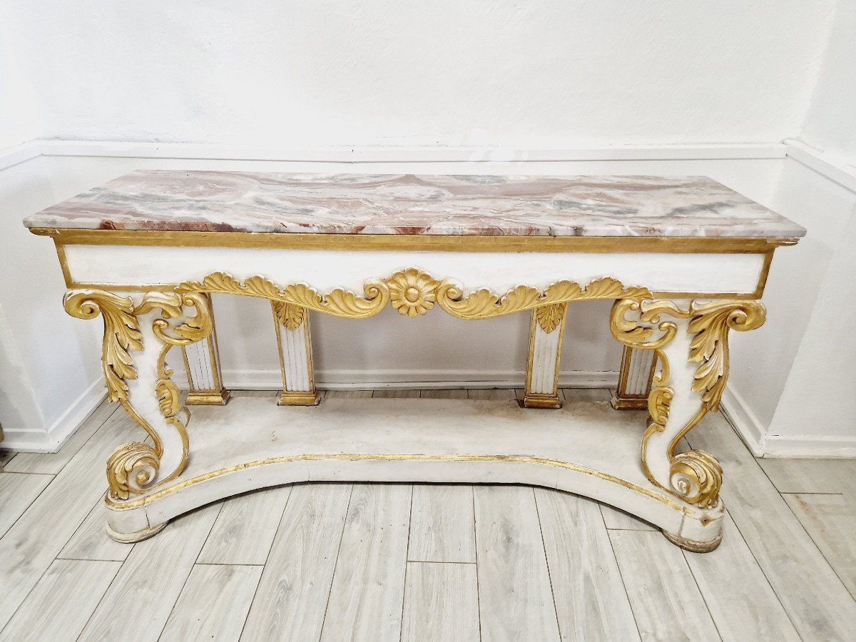  Immense Table Console Baroque Du 19ème Siècle Avec Plateau En Marbre-photo-4