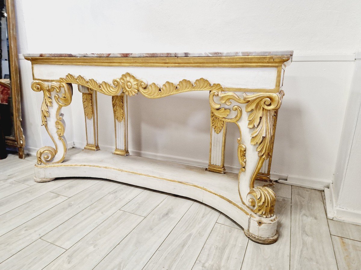  Immense Table Console Baroque Du 19ème Siècle Avec Plateau En Marbre-photo-3