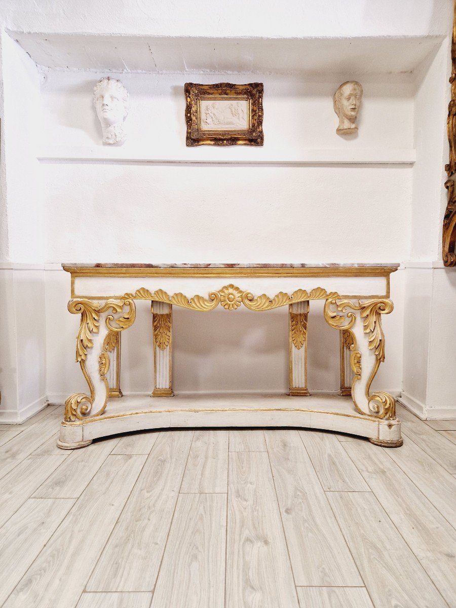  Immense Table Console Baroque Du 19ème Siècle Avec Plateau En Marbre-photo-5