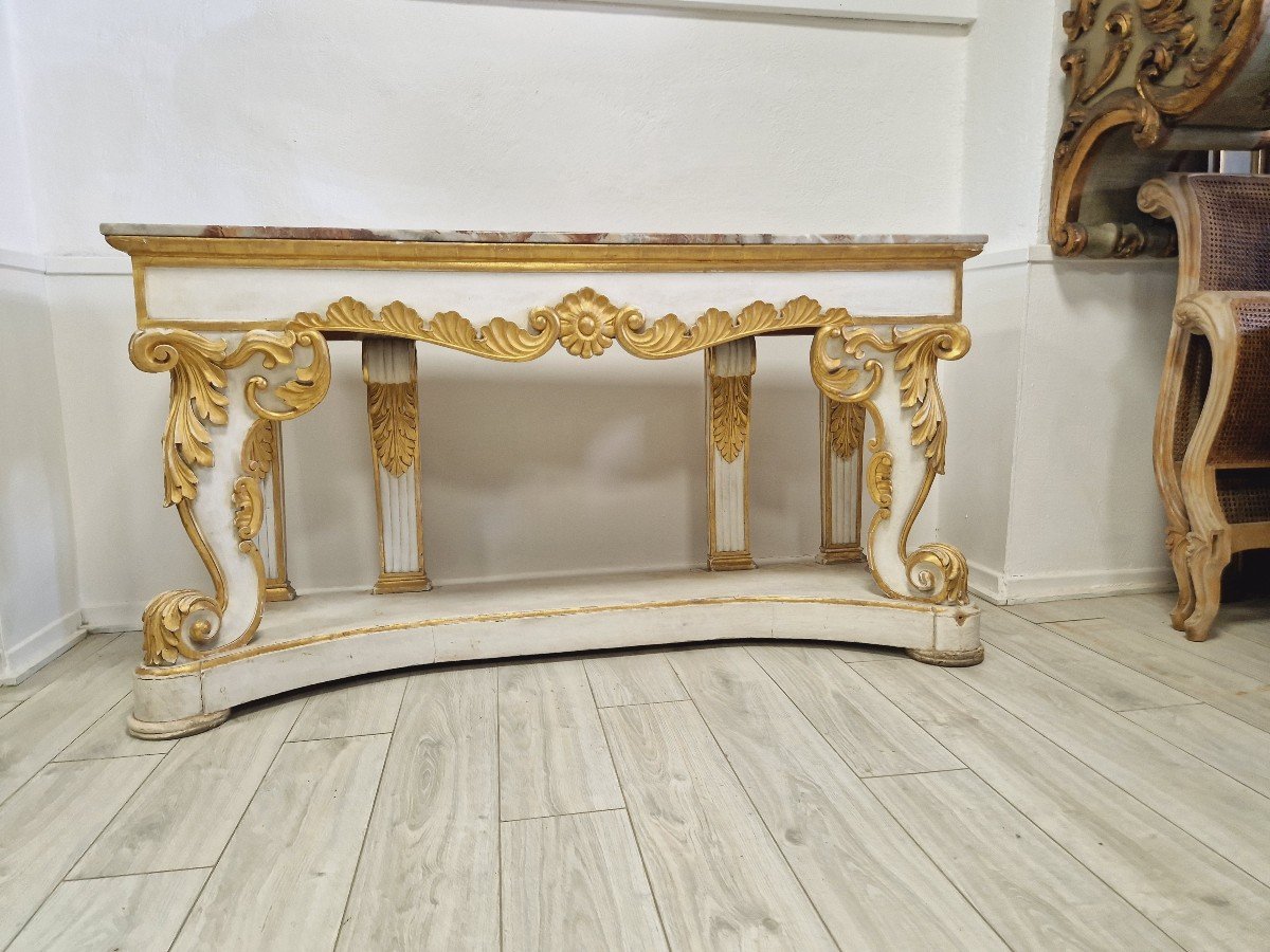  Immense Table Console Baroque Du 19ème Siècle Avec Plateau En Marbre-photo-6