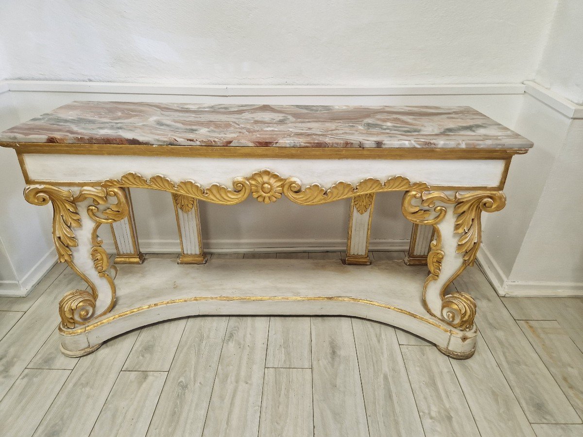  Immense Table Console Baroque Du 19ème Siècle Avec Plateau En Marbre-photo-7