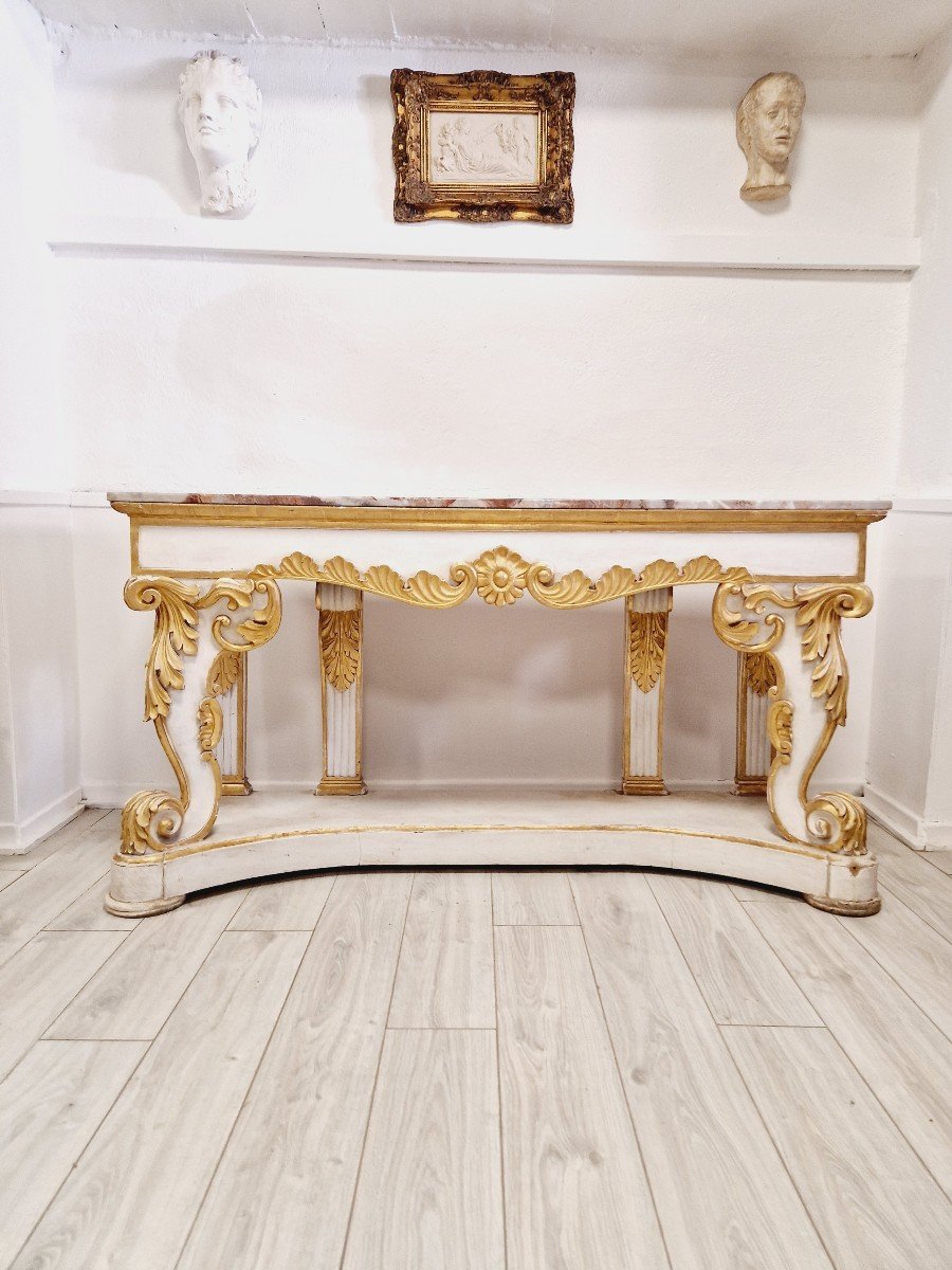  Immense Table Console Baroque Du 19ème Siècle Avec Plateau En Marbre-photo-8