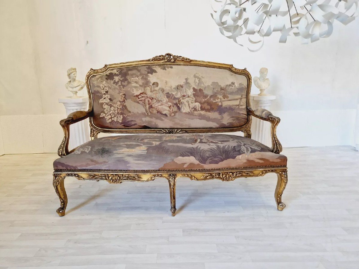  Ensemble De Salon Antique Louis XV Aubusson, Canapé Et Chaises Français-photo-2