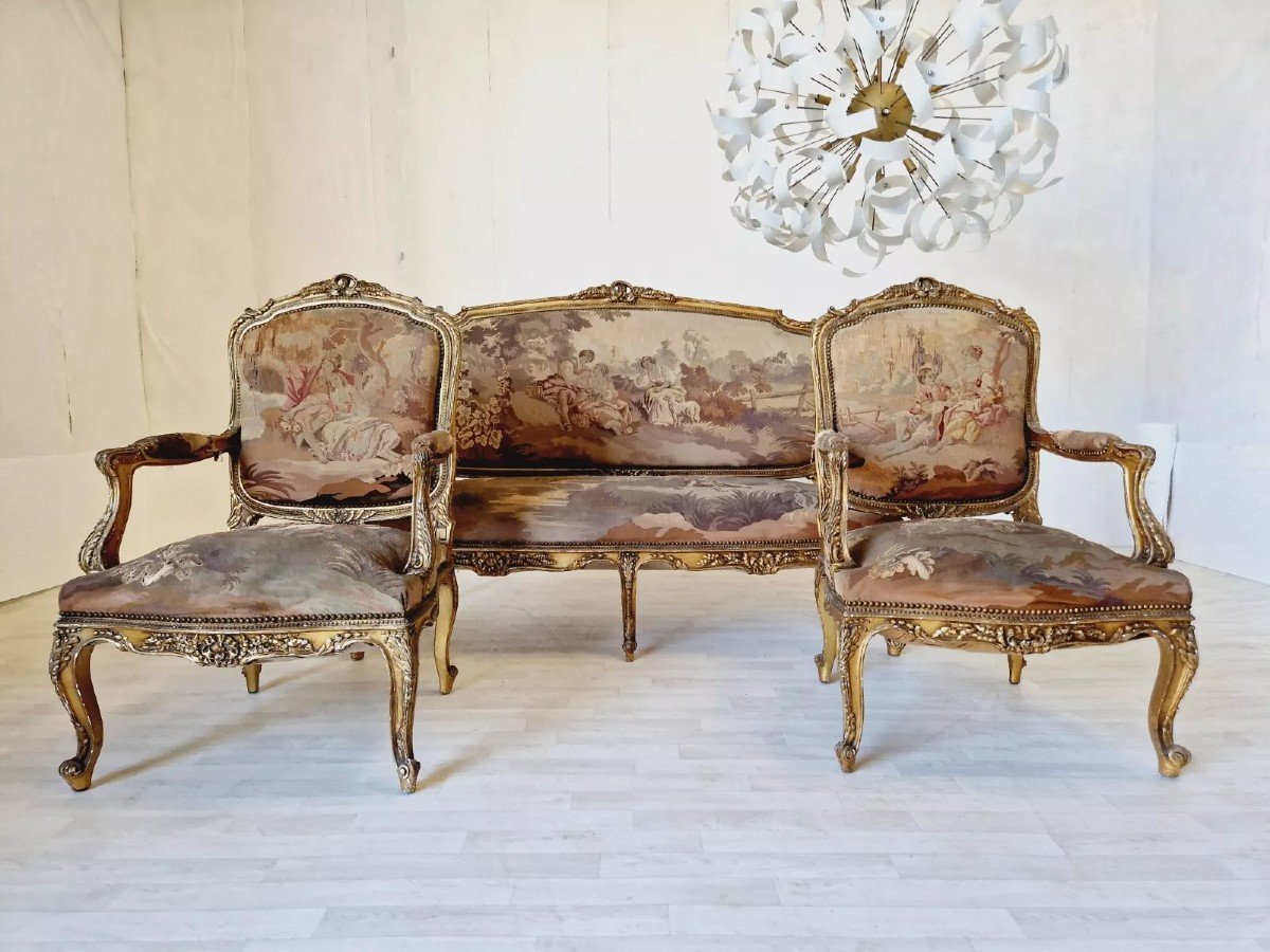  Ensemble De Salon Antique Louis XV Aubusson, Canapé Et Chaises Français-photo-3