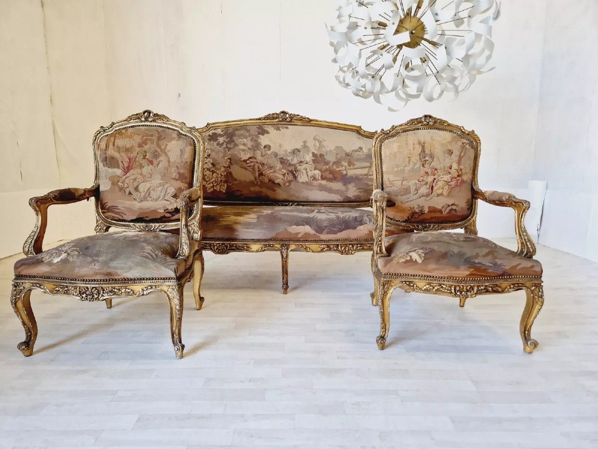  Ensemble De Salon Antique Louis XV Aubusson, Canapé Et Chaises Français-photo-4