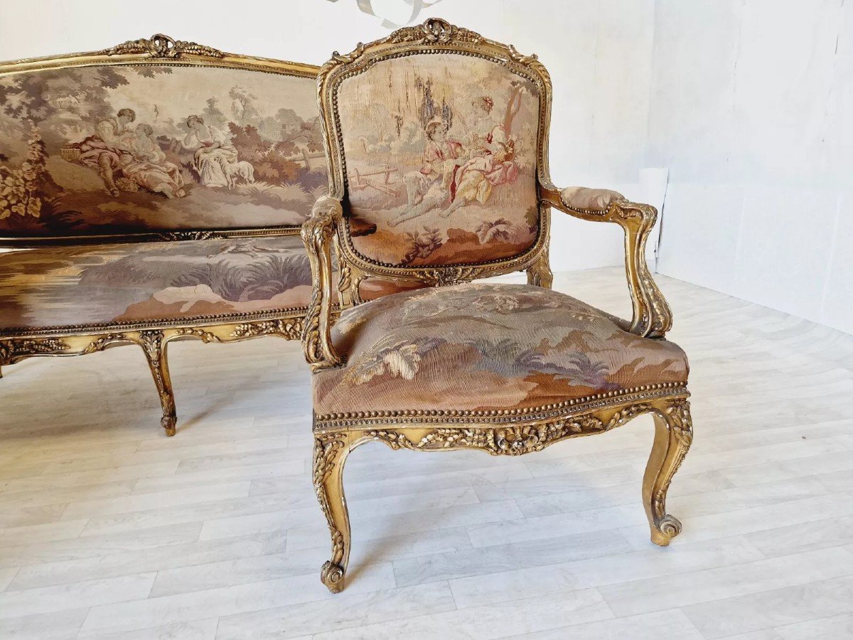  Ensemble De Salon Antique Louis XV Aubusson, Canapé Et Chaises Français-photo-1