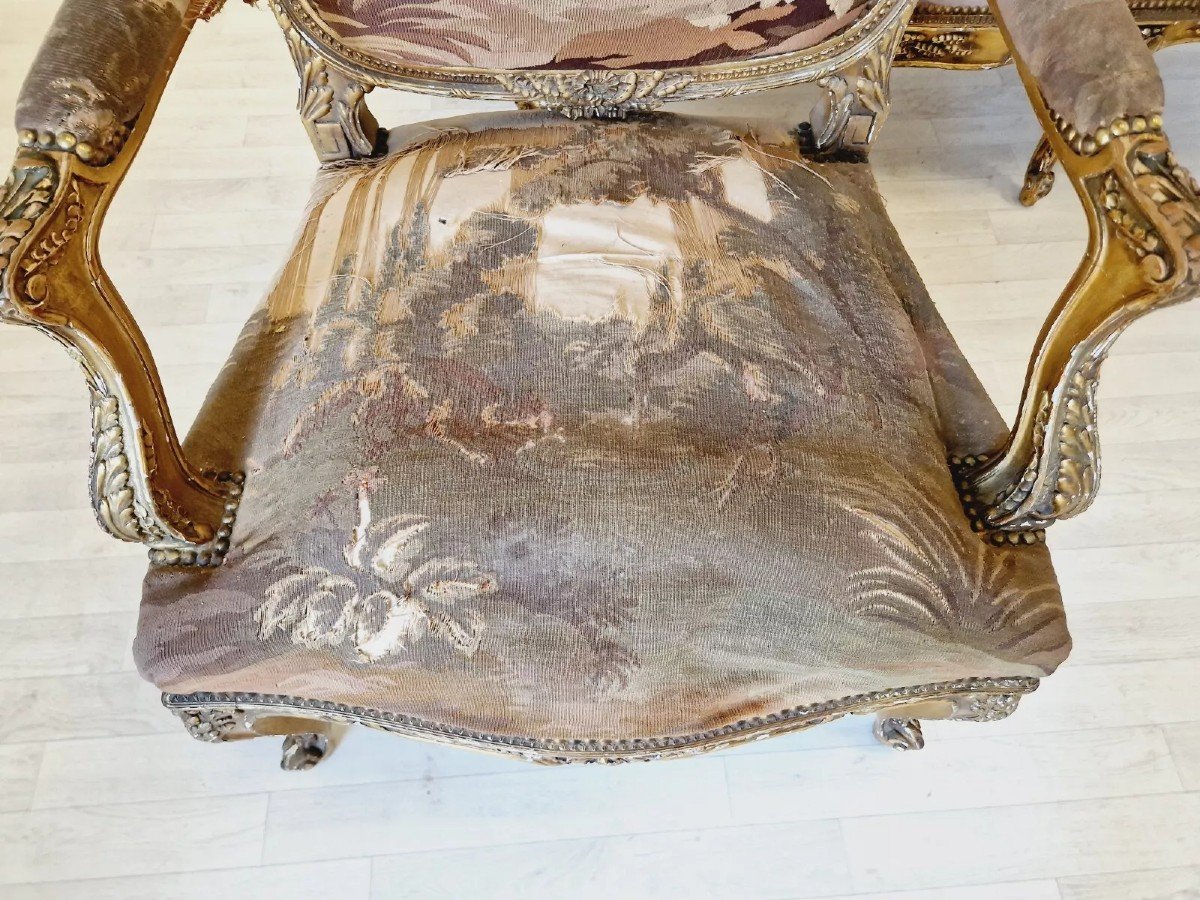  Ensemble De Salon Antique Louis XV Aubusson, Canapé Et Chaises Français-photo-3