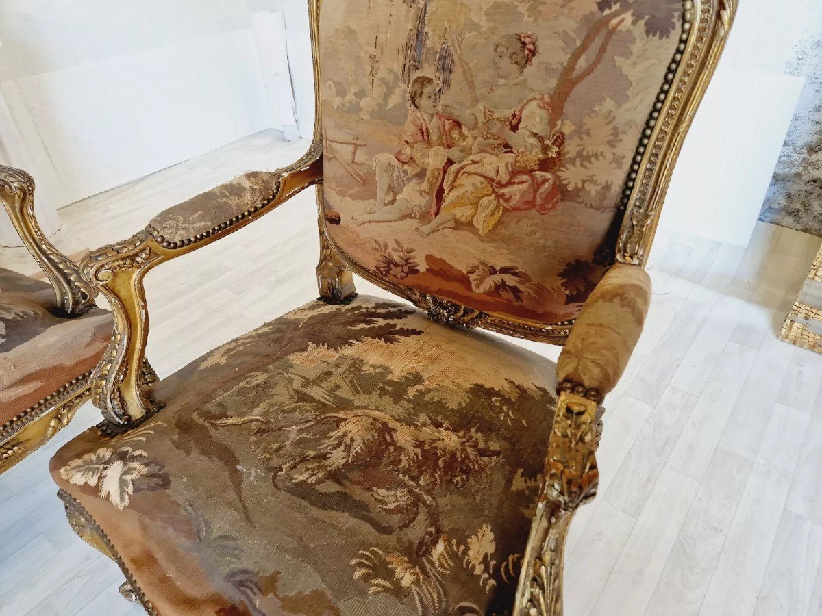  Ensemble De Salon Antique Louis XV Aubusson, Canapé Et Chaises Français-photo-4