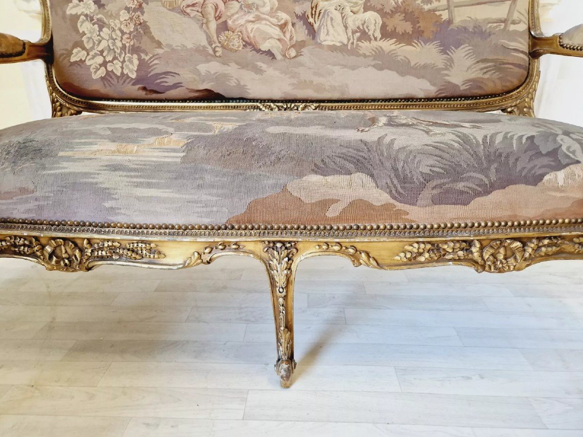  Ensemble De Salon Antique Louis XV Aubusson, Canapé Et Chaises Français-photo-5