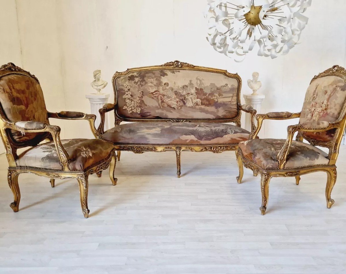  Ensemble De Salon Antique Louis XV Aubusson, Canapé Et Chaises Français