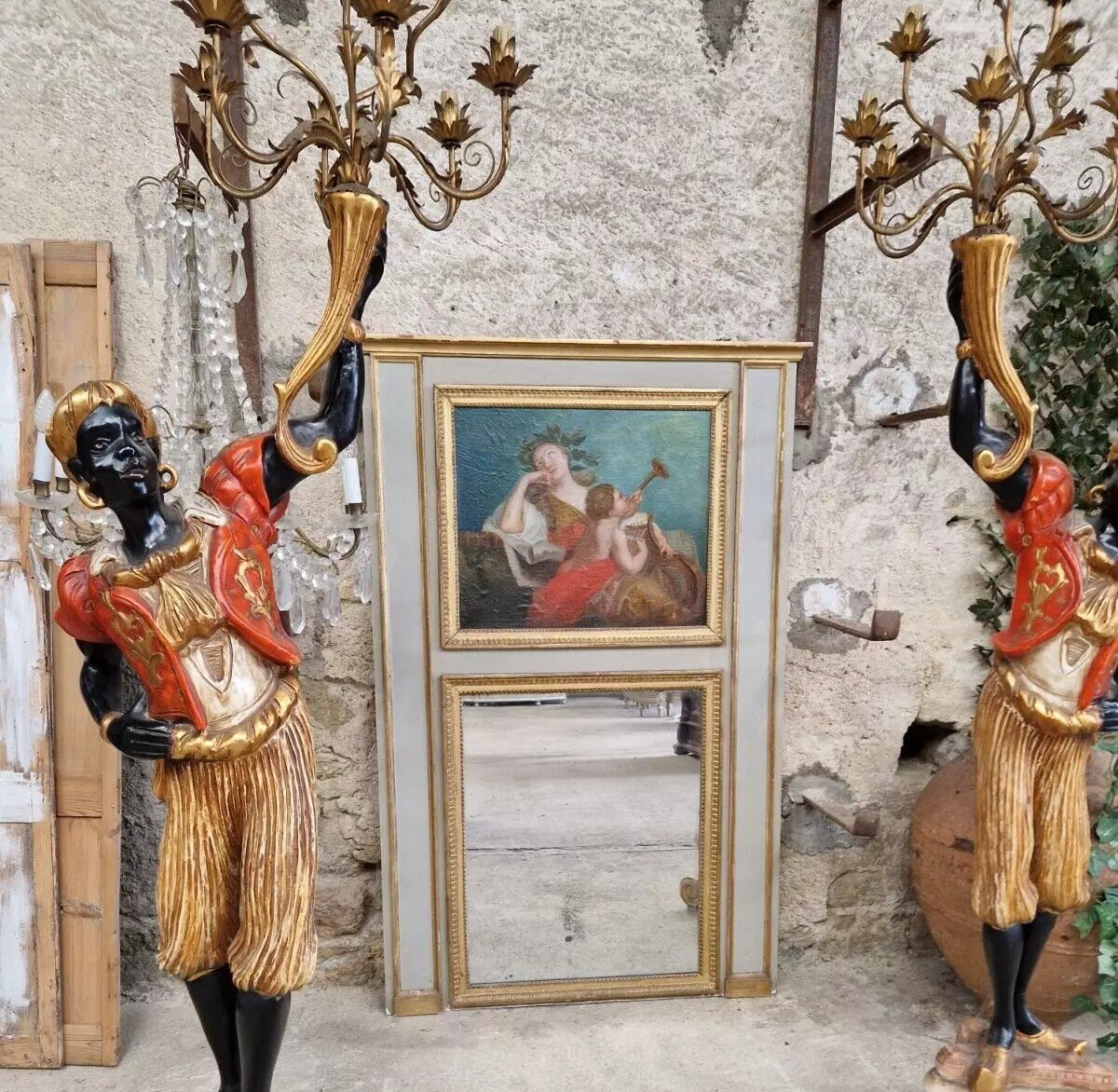 Miroir Ancien Français Peinture à l'Huile 19ème Siècle Trumeau Style Louis XVI-photo-3