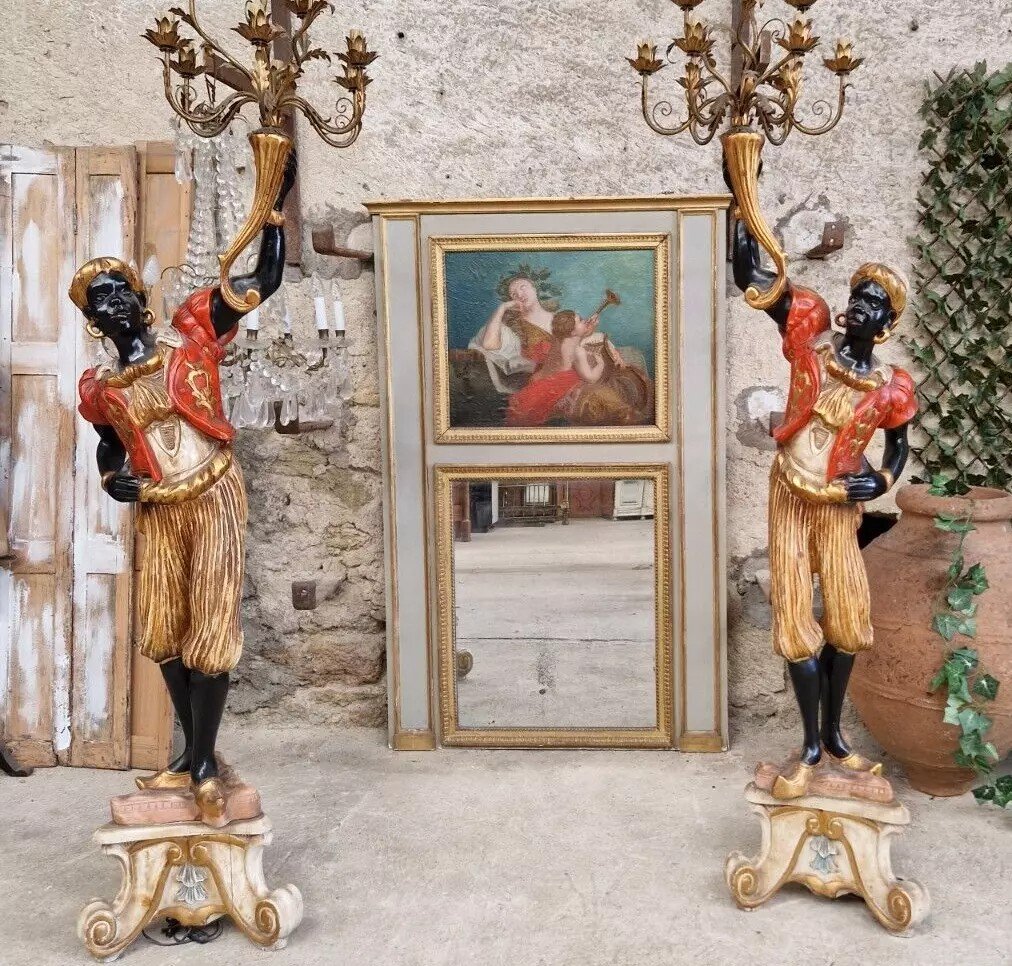 Miroir Ancien Français Peinture à l'Huile 19ème Siècle Trumeau Style Louis XVI-photo-4