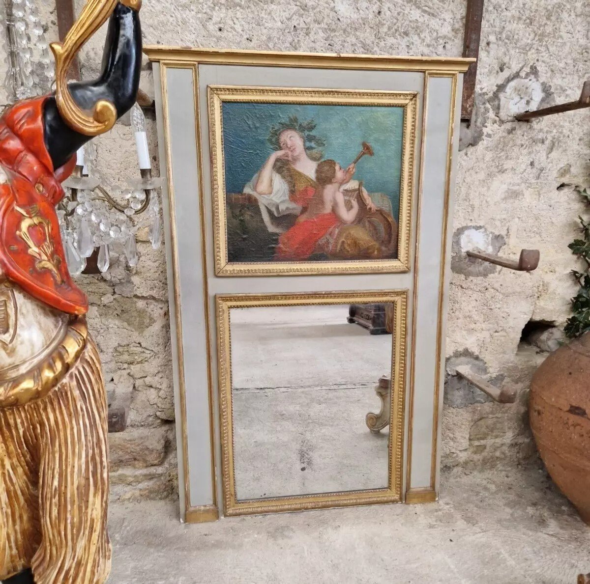 Miroir Ancien Français Peinture à l'Huile 19ème Siècle Trumeau Style Louis XVI-photo-1