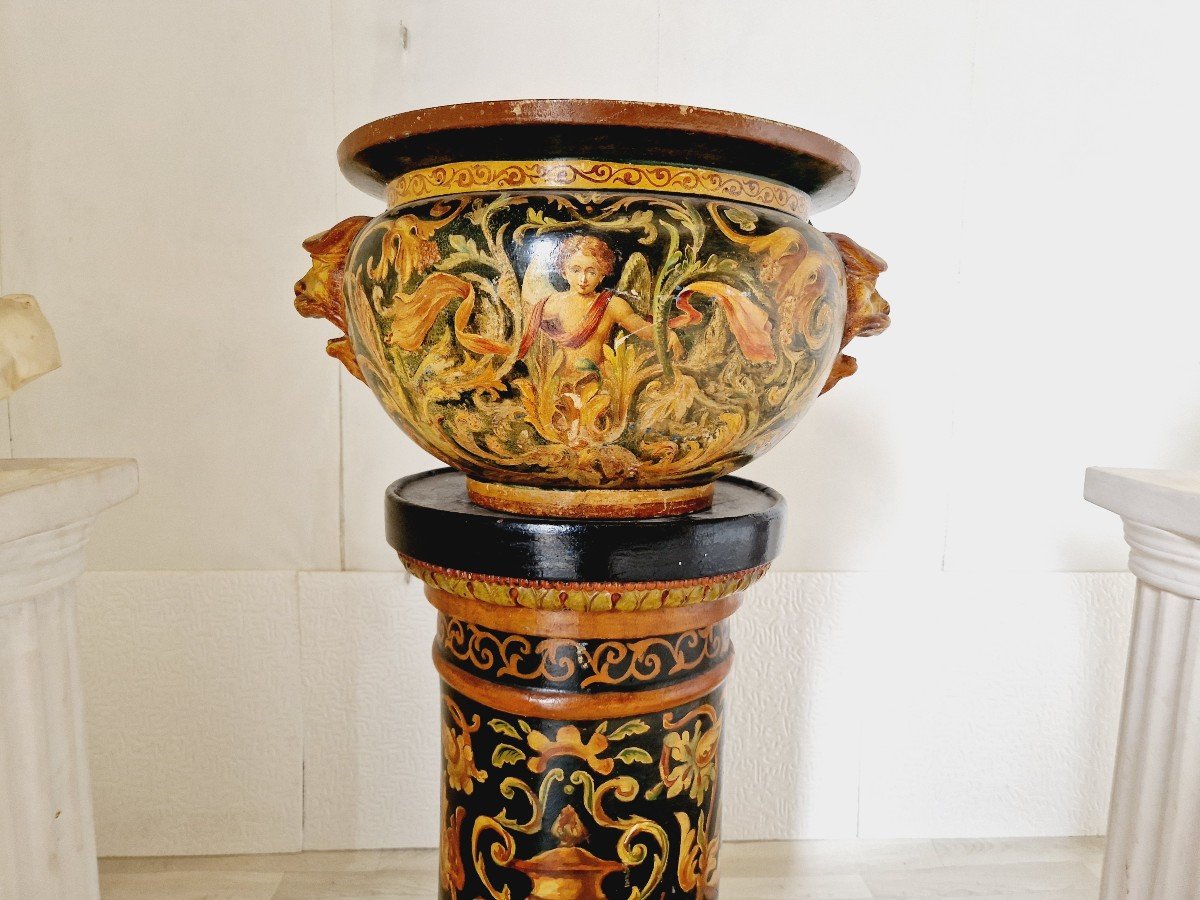  Antique 19th Century Majolica Planter Pot And Base-photo-2