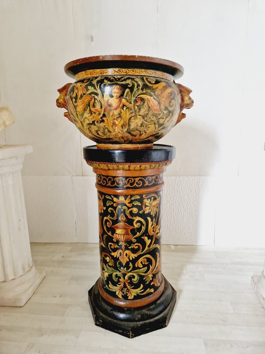  Antique 19th Century Majolica Planter Pot And Base-photo-2