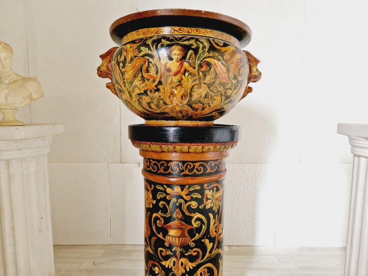  Antique 19th Century Majolica Planter Pot And Base-photo-4