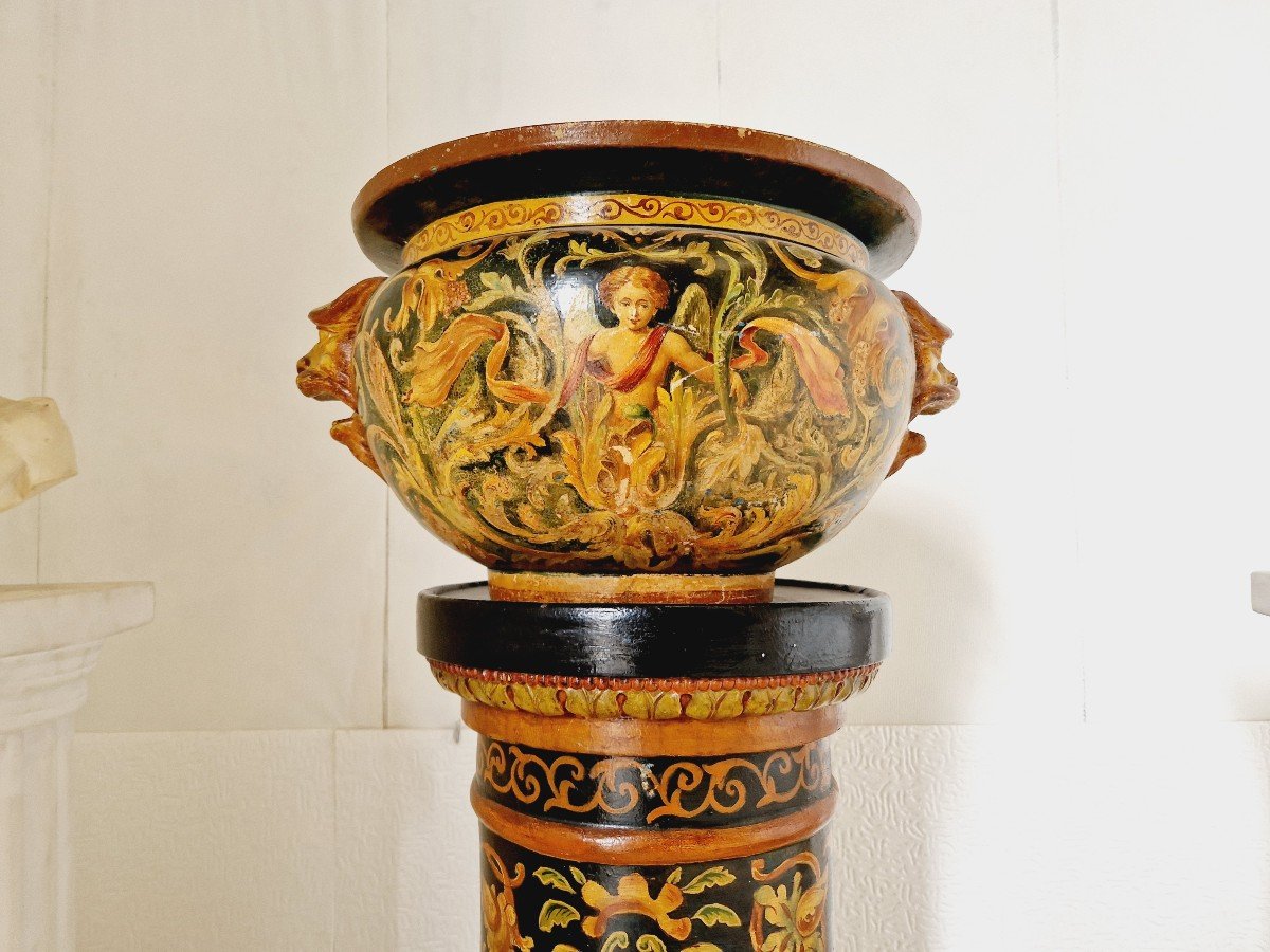  Antique 19th Century Majolica Planter Pot And Base-photo-7