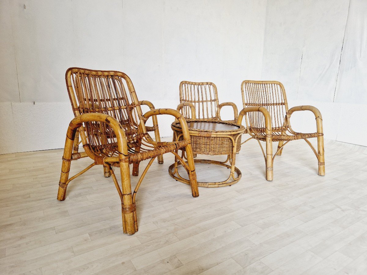 Ensemble De Salon En Bambou Des Années 1960 X4 Chaises Et Table-photo-3