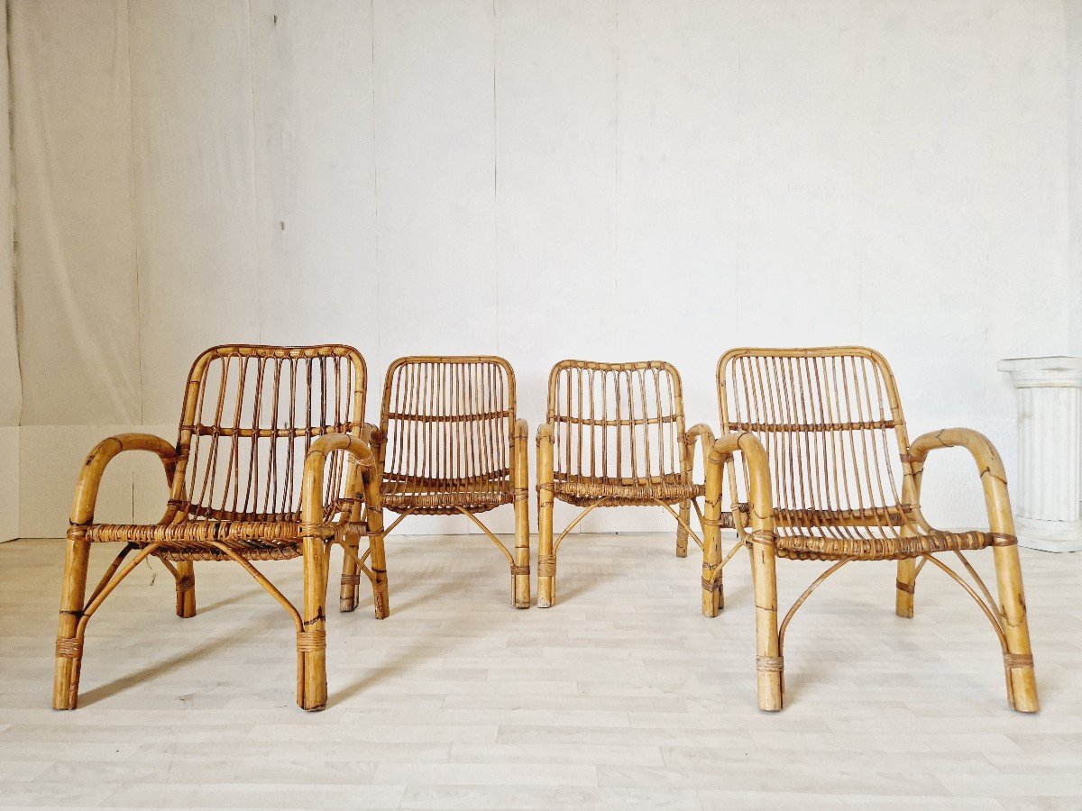 Ensemble De Salon En Bambou Des Années 1960 X4 Chaises Et Table-photo-5