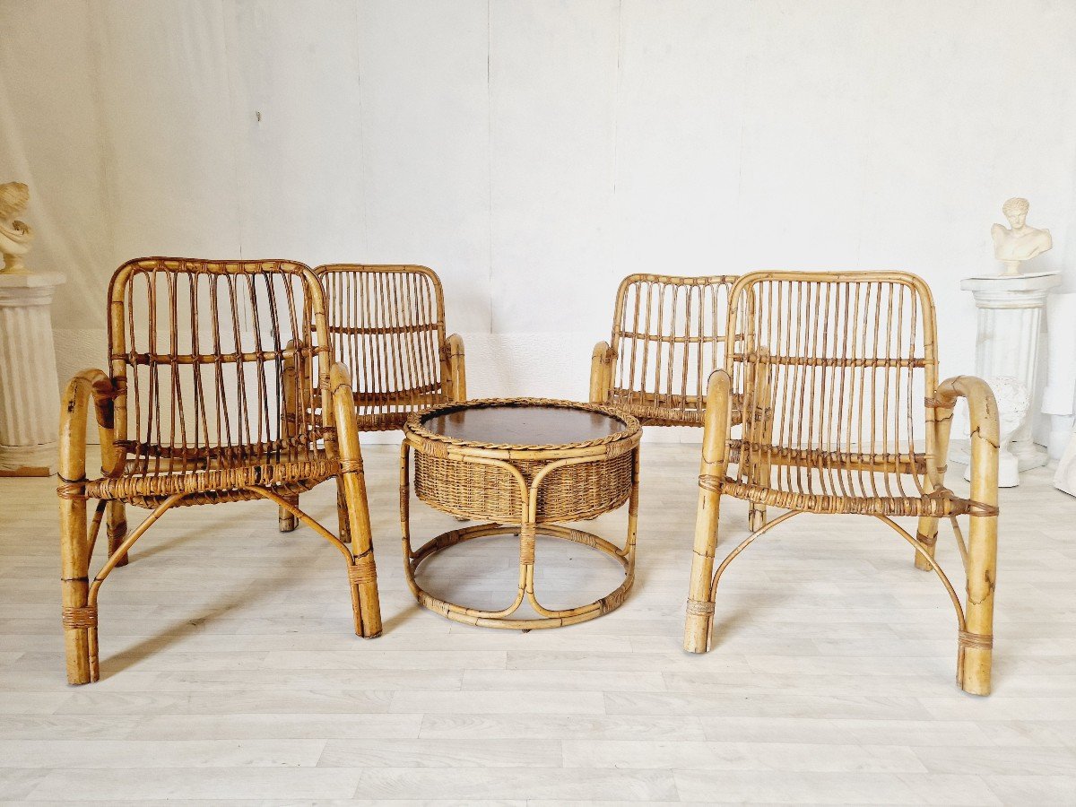 Ensemble De Salon En Bambou Des Années 1960 X4 Chaises Et Table