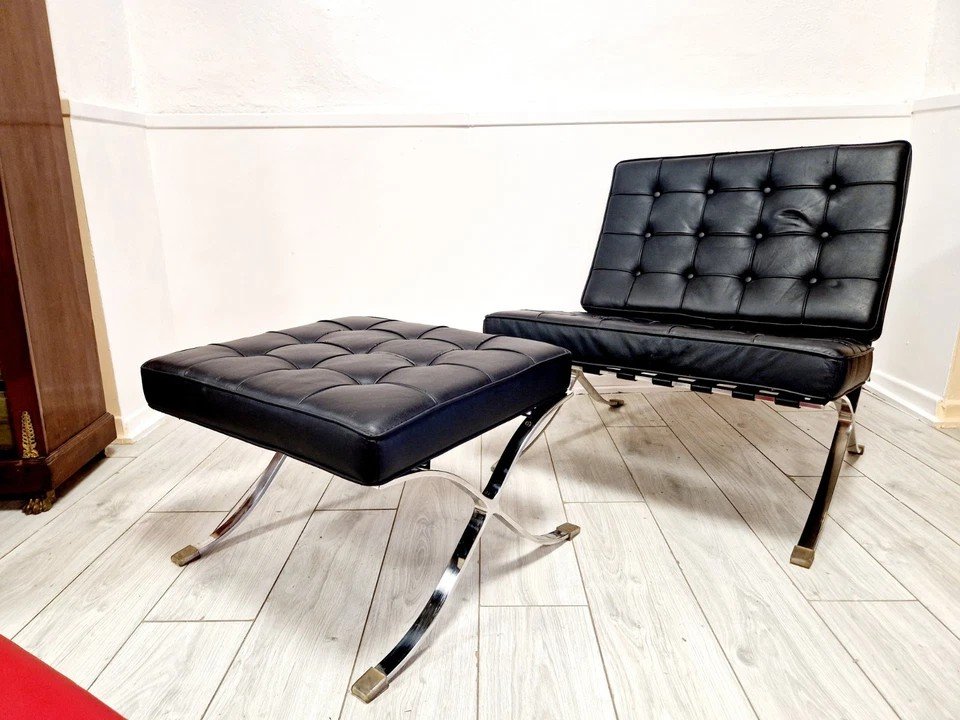 Mid-century Style Barcelona Armchair And Footstool-photo-4