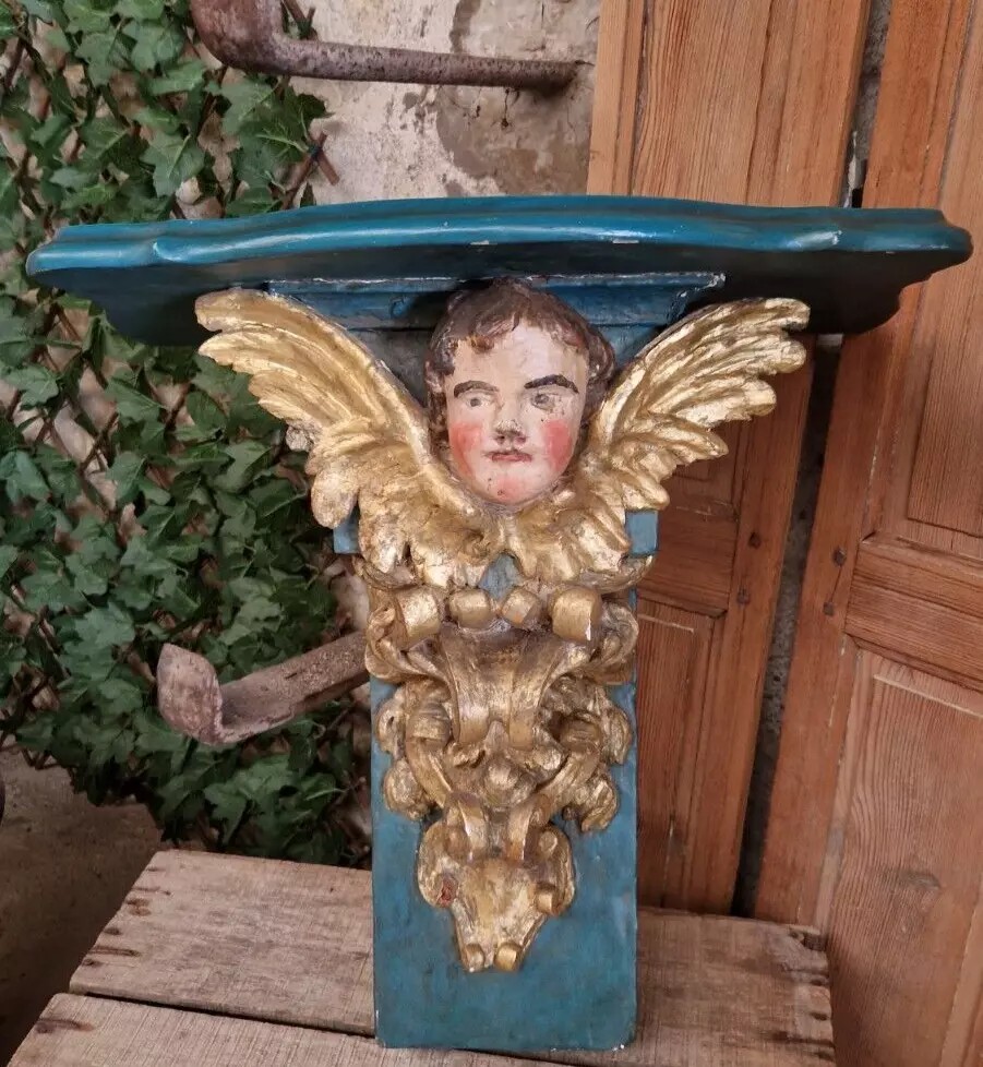  Antique 19th Century Decorative Church Console Table With Cherub Head