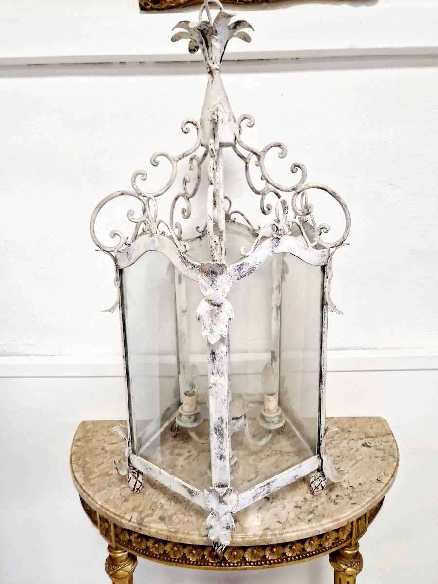 Antique French Wrought Iron Lantern In White-photo-2