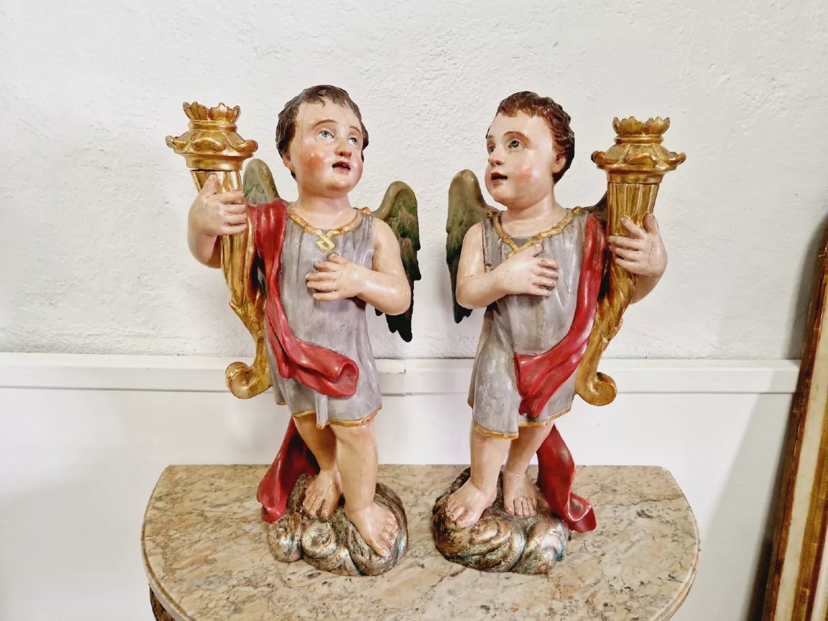 Pair Of Antique Angel Torch Holders-photo-3