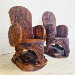 Pair Of American Eagle Armchairs In Carved Solid Wood