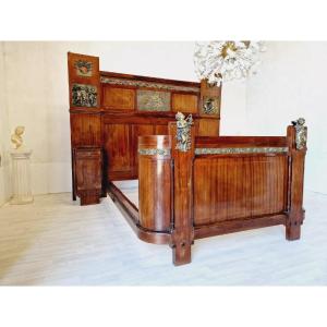 Antique Art Deco Bed With Side Cabinets & Bronze Putti