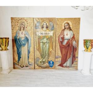 Triptyque De Peintures à l'Huile Religieuses Sur Fond Doré