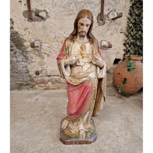 Antique Religious Statue Jesus Sacred Heart Church Sculpture