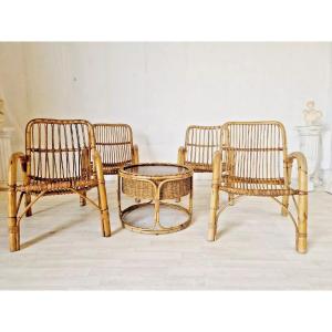 Ensemble De Salon En Bambou Des Années 1960 X4 Chaises Et Table